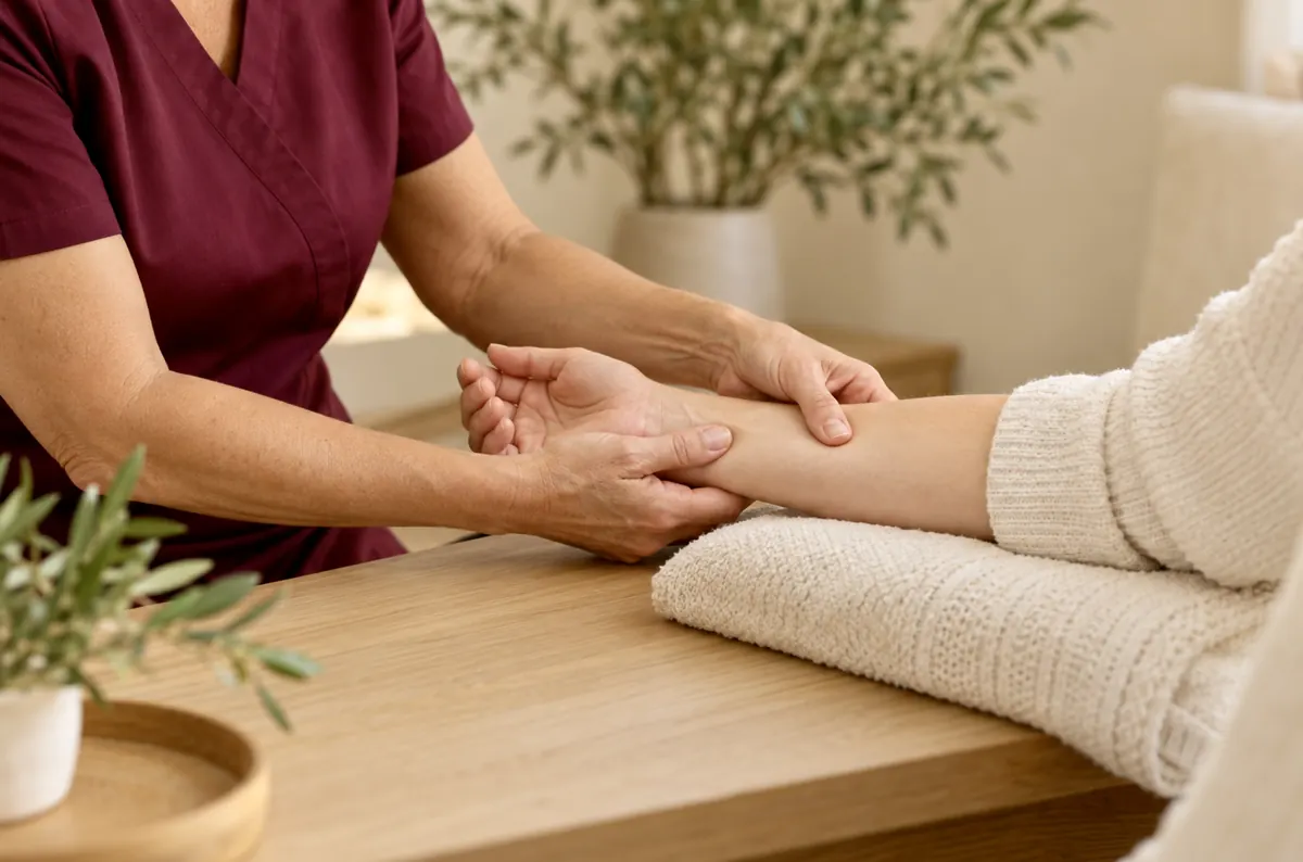 Massage therapist working on a client's forearm on a wooden table. Ambiance image.