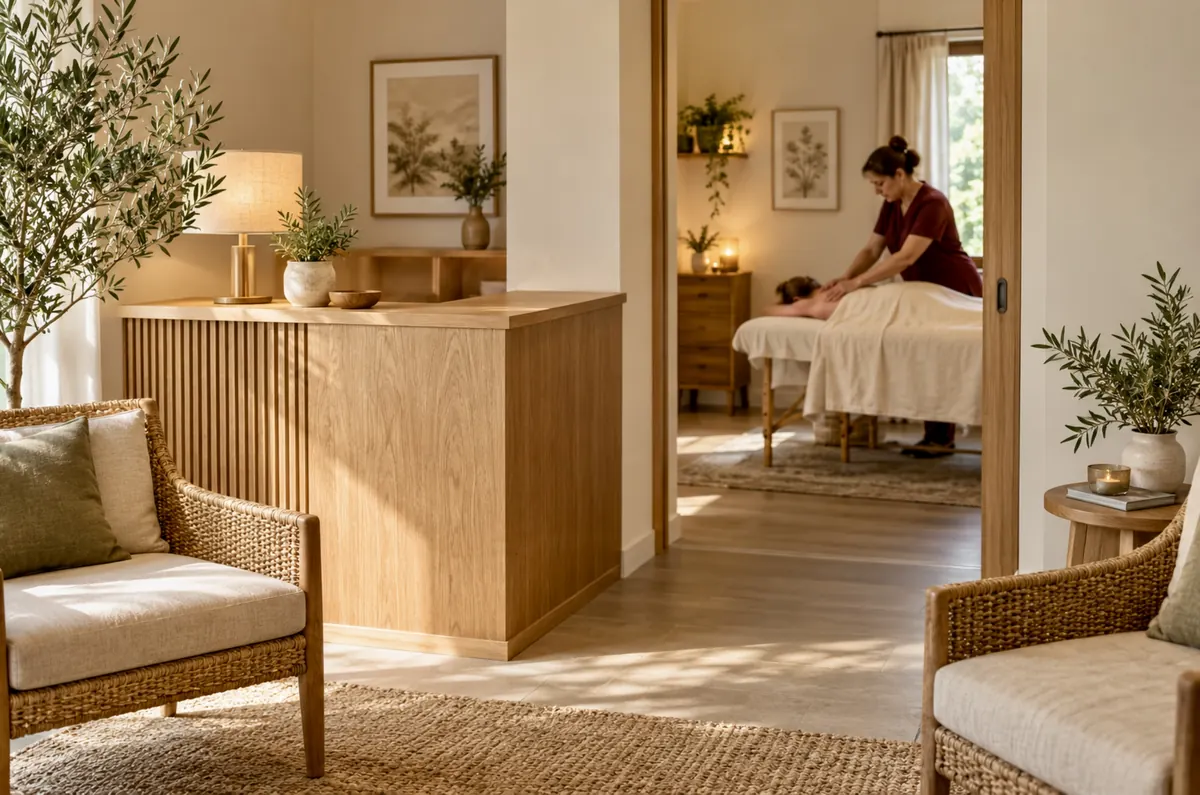 Wooden reception desk and rattan armchairs, with a massage room in the background. Ambiance image.