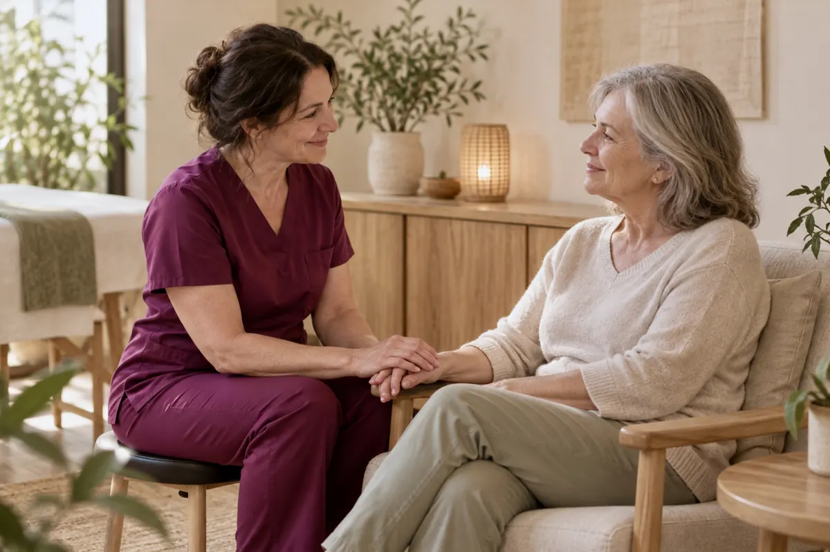 Massage therapist holding a client's hands in a warm room. Ambiance image.