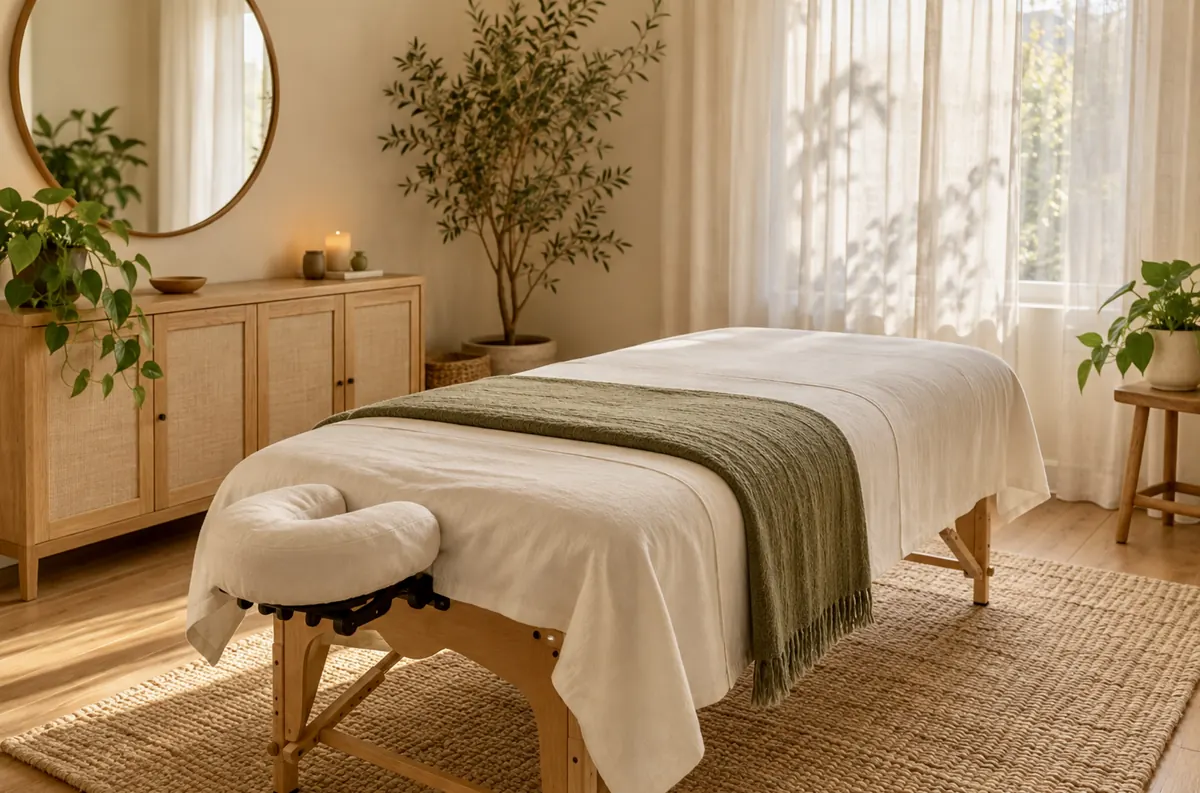 Massage table with a green blanket in a bright room with plants. Ambiance image.