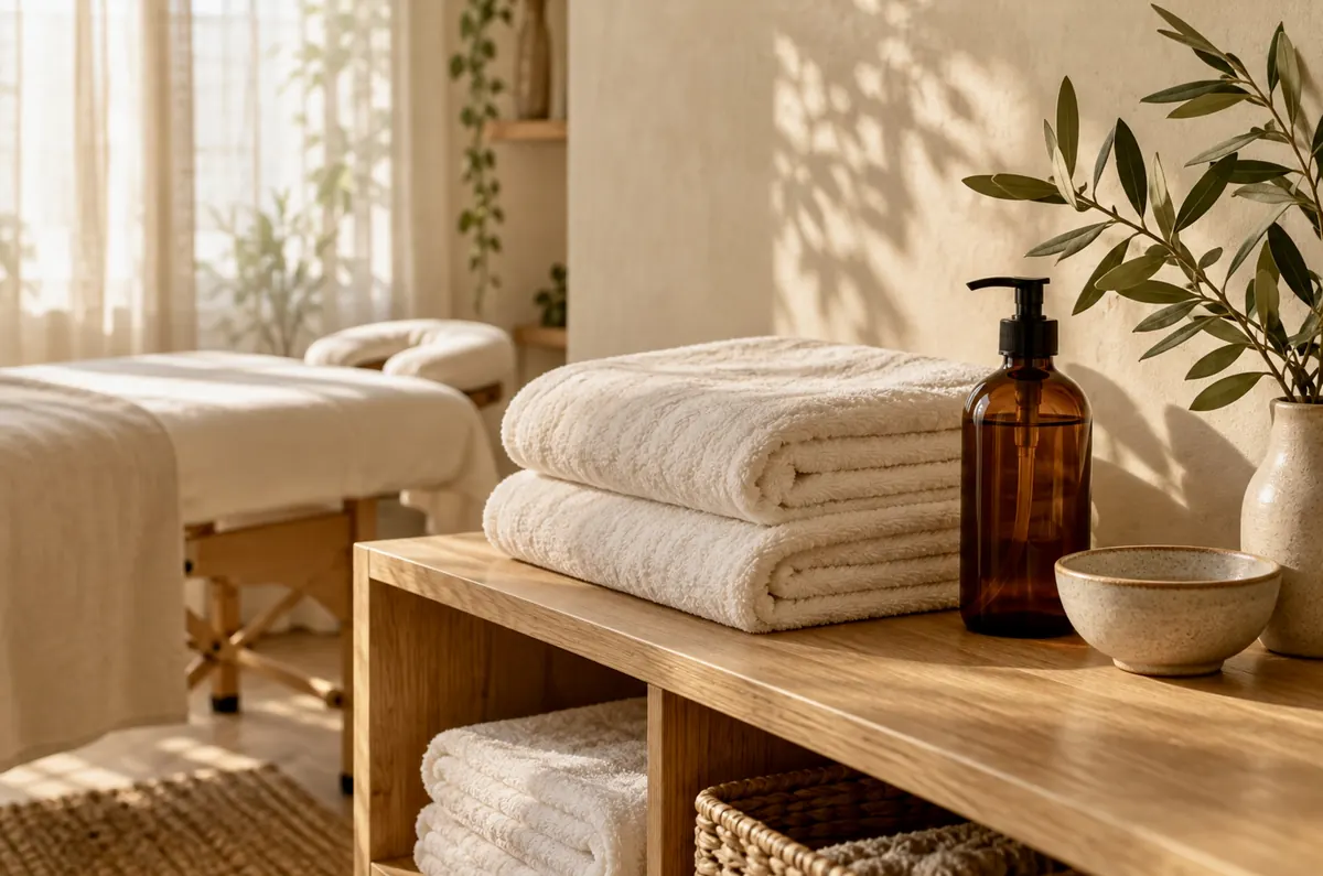 Folded towels, a gel bottle and an olive branch on a wooden shelf. Ambiance image.