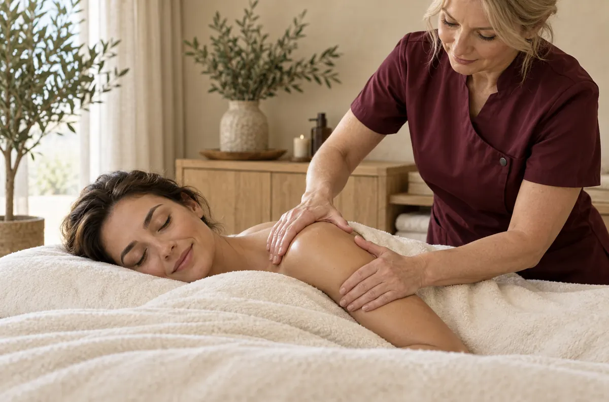 Swedish relaxation massage: a relaxed client while the therapist works on her shoulder. Ambiance image.