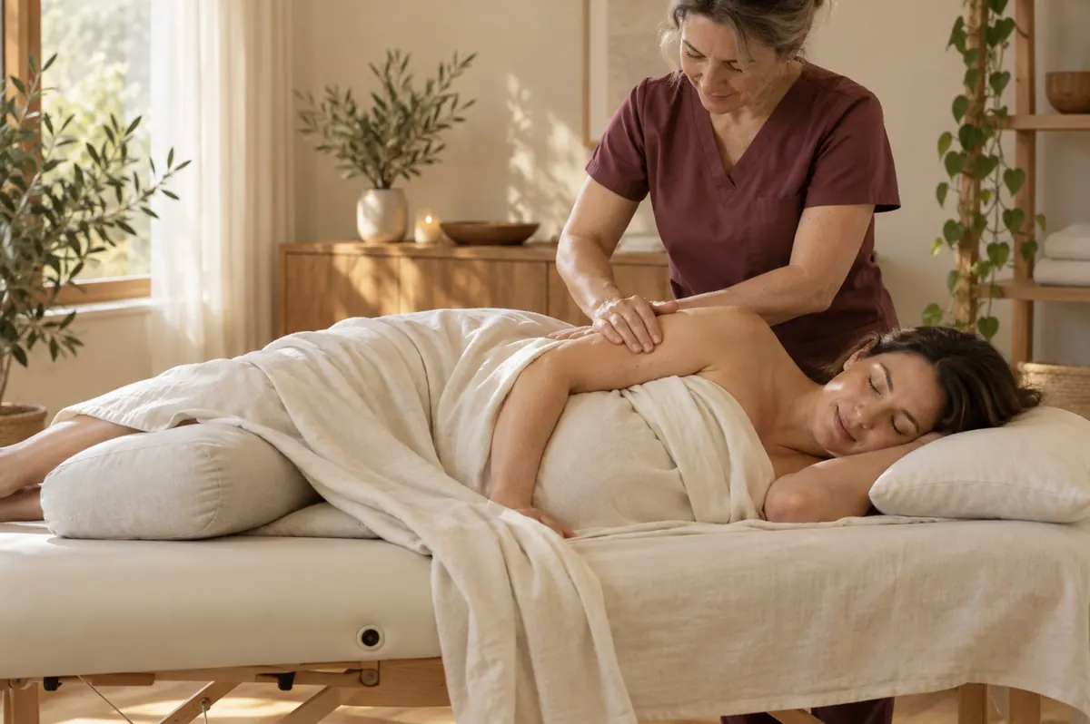 Pregnancy massage: client lying on her side with cushions. Ambiance image.