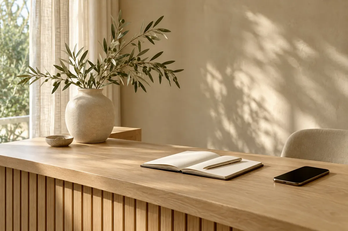 Wooden counter with a notebook, a phone and a vase with an olive branch. Ambiance image.