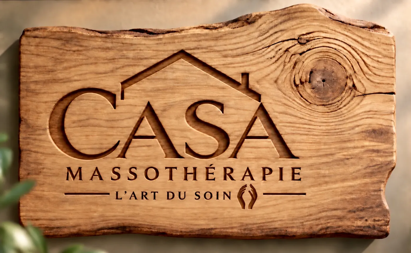 Carved wooden sign: Casa Massothérapie, L'art du soin.