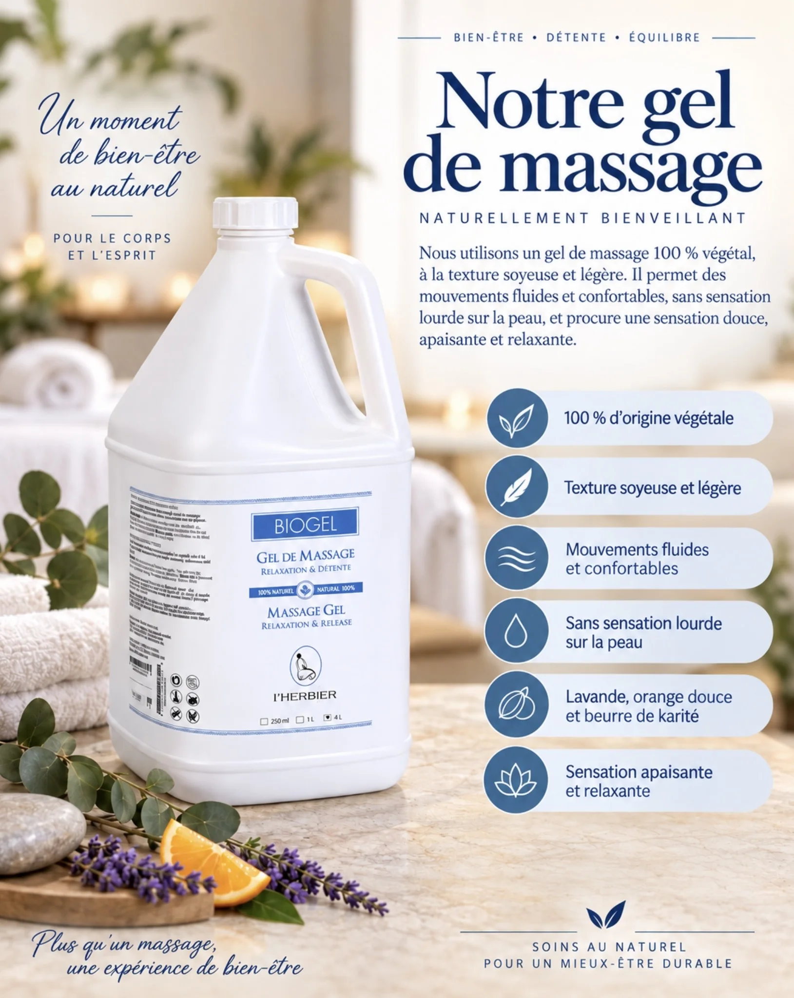 Biogel massage gel poster: 100% plant-derived, silky and light texture.