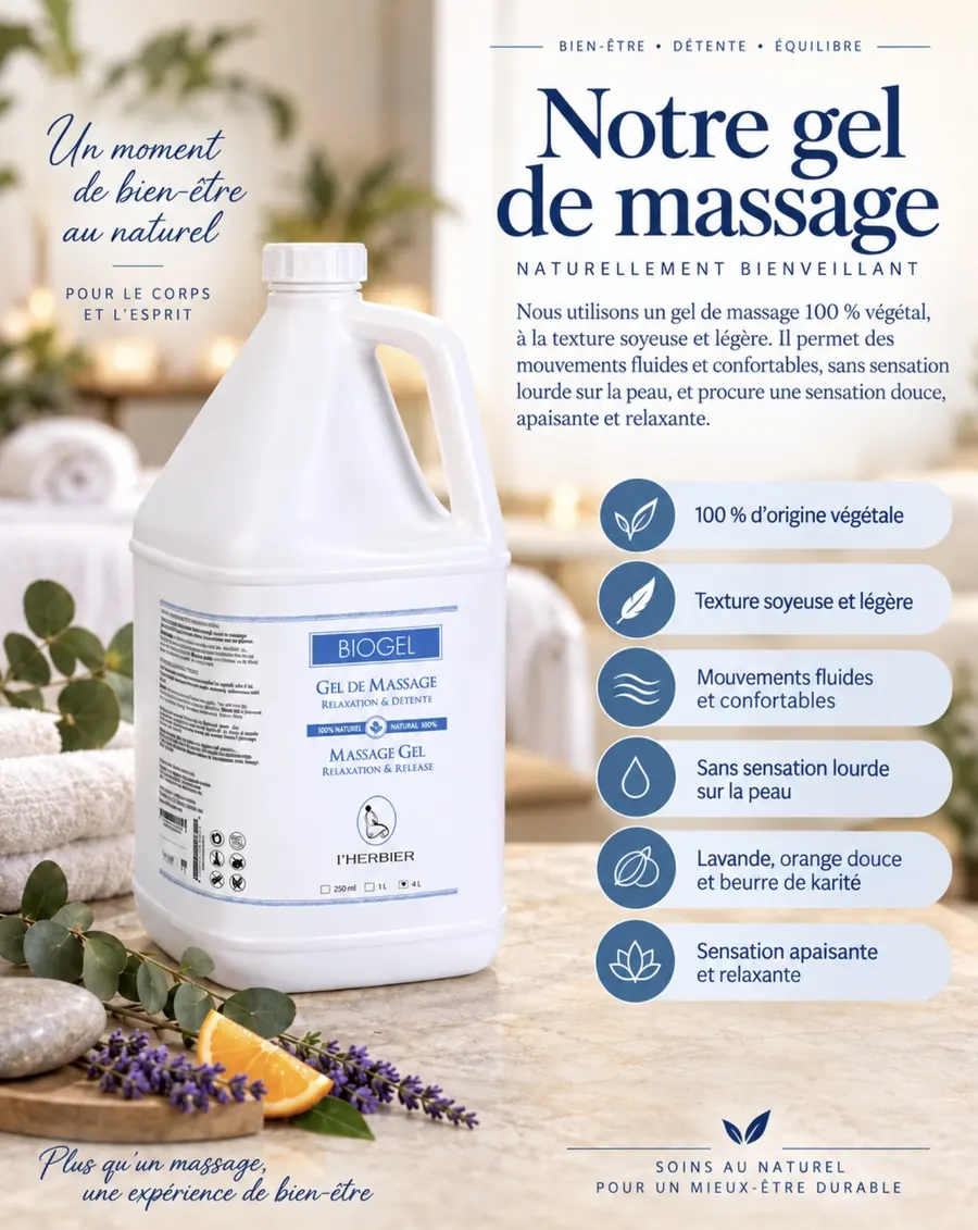 Biogel massage gel poster: 100% plant-derived, silky and light texture.