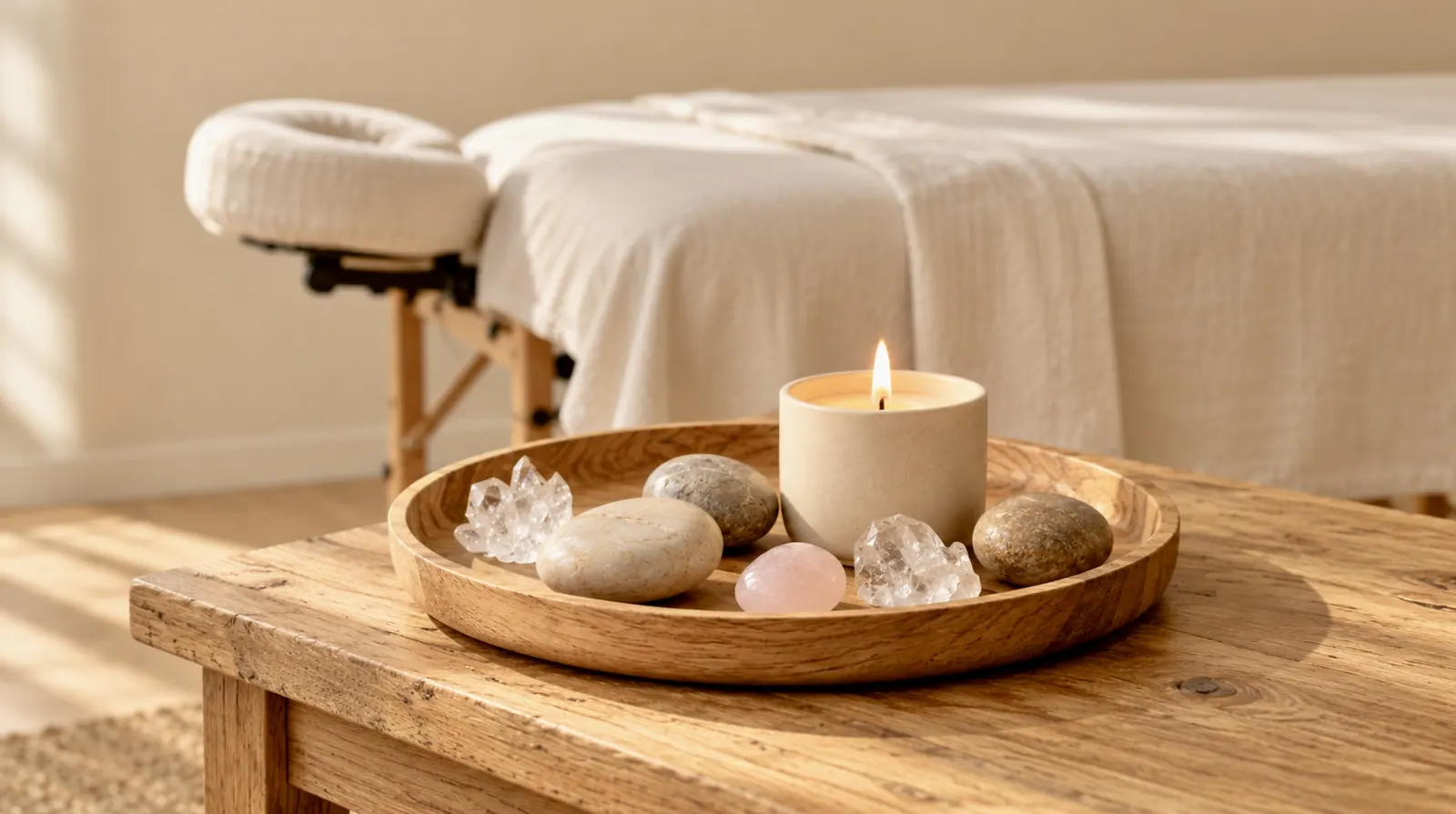 Wooden table with a lit candle and stones. Ambiance image.